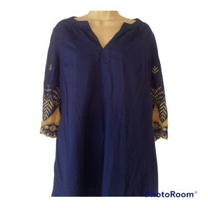 Woman’s blue spring cotton embroidered USA tunic top gold sleeves
